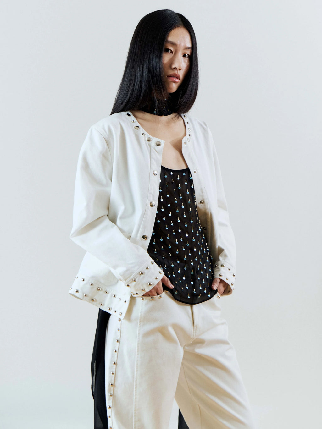 STUDDED DENIM JACKET - WHITE