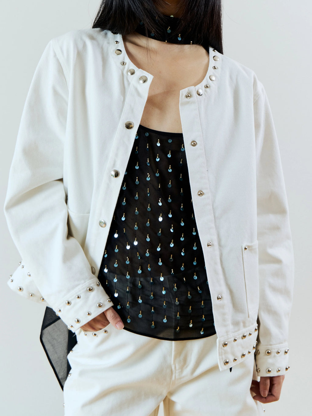 STUDDED DENIM JACKET - WHITE